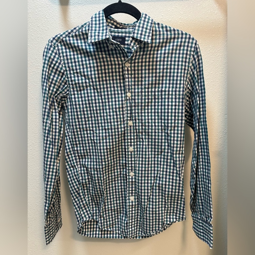 J Crew long sleeve button down - blue, green/teal, and white plaid pattern, slim